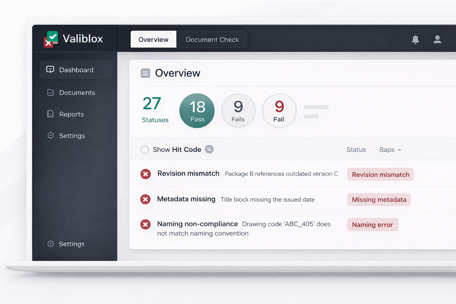 Valiblox dashboard showing document validation overview with 27 statuses, 18 pass, and error detection